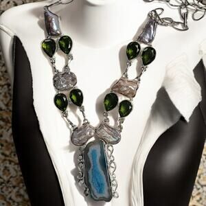 Sterling Silver Blue Agate Peridot Pearl Necklace Handmade Boho Gemstone Jewelry